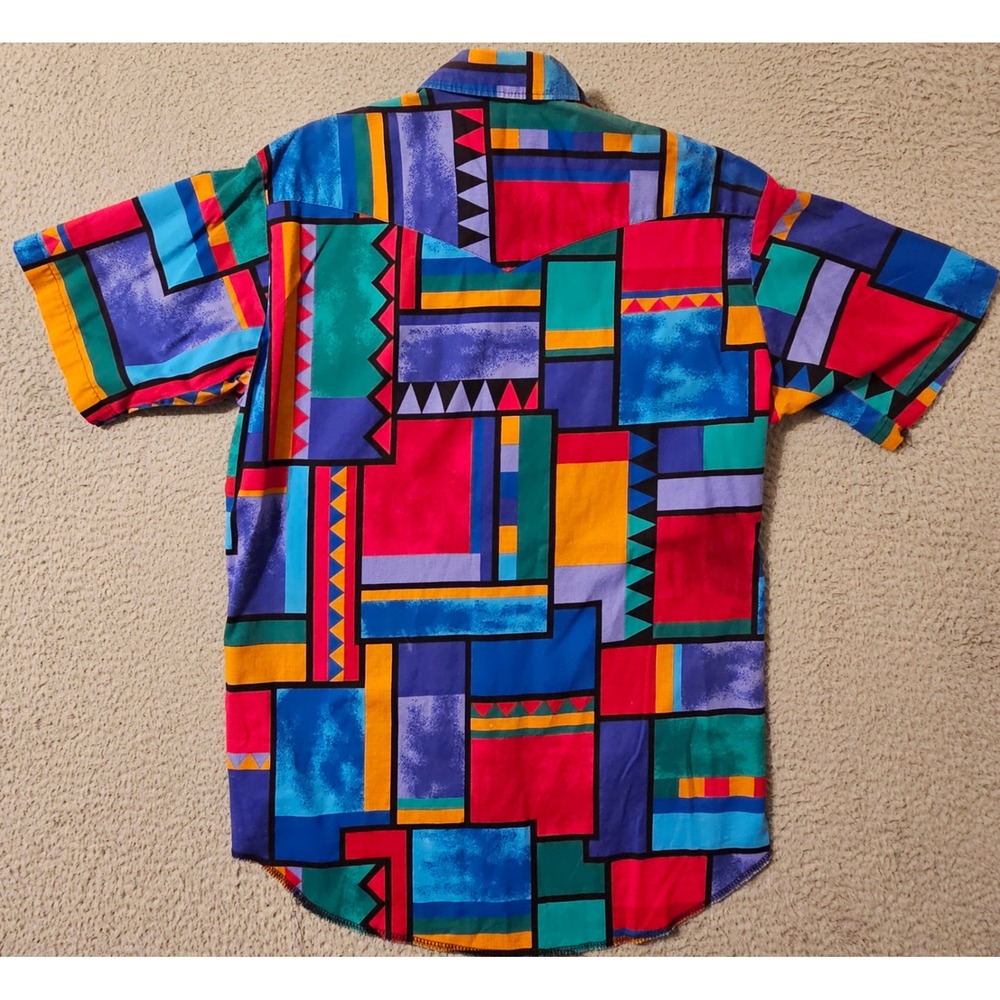 Vintage Wrangler Western Shirt Mens Large Multi Color Geometric Block Print 90s - Picture 3 of 9